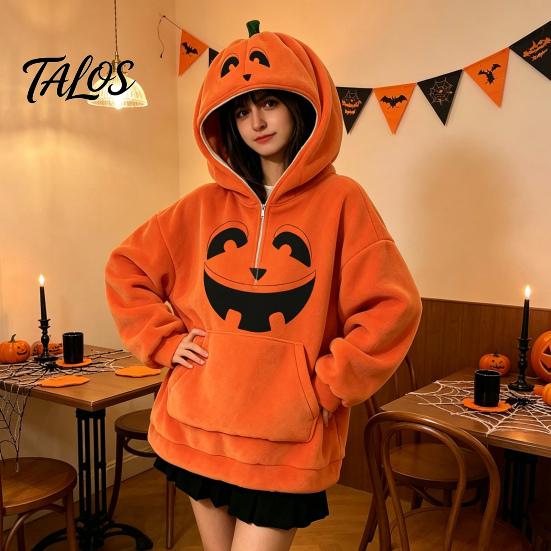Halloween Pumpkin Hoodie Women Oversized Hoodie, Fall Long Sleeve Hooded Loose Fit Sweatshirt with Pocket, Jack-O-Lantern Holiday Costume Pullover Top