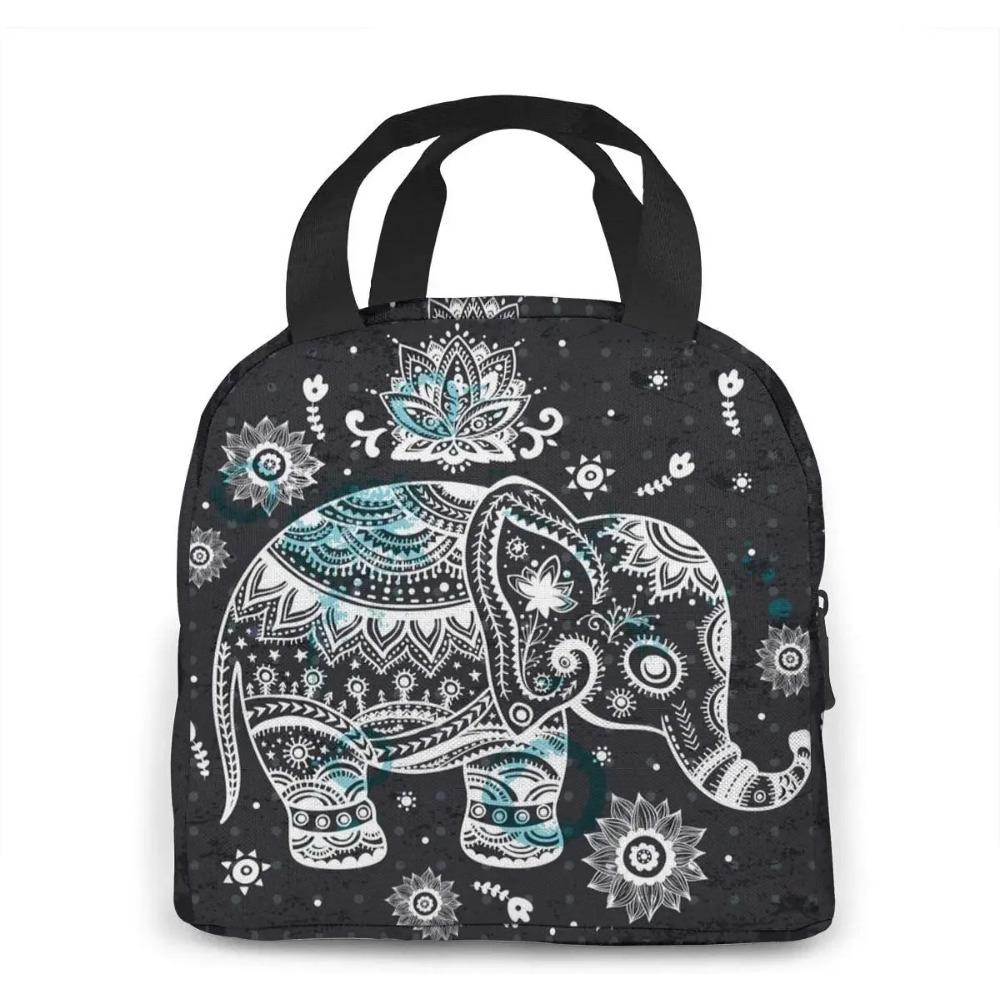 Indian African Lotus Ethnic Elephant Lunch Bag Insulated Lunch Box Cooler Tote for Picnic Camping Work Travel