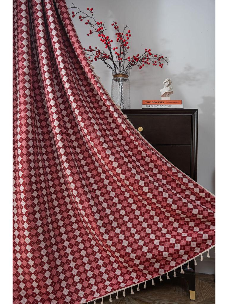 Yimanqiyun Blue French Grid Jacquard Semi-Blackout Bay Window Curtains