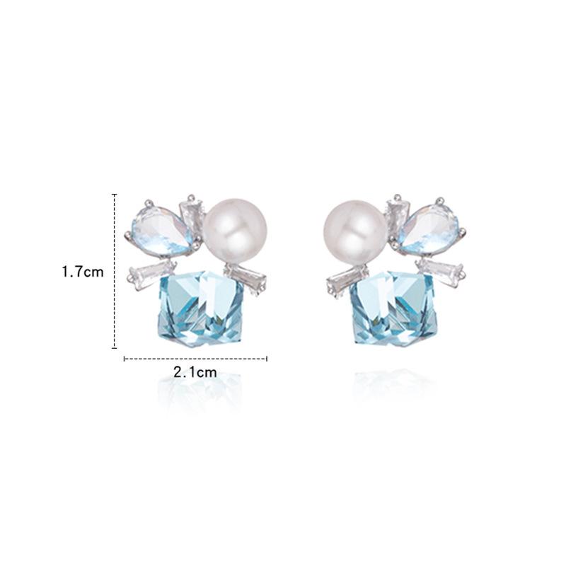 Silver needle zircon pearl square stud earrings Korean ins light luxury high-end earrings femininity earrings design sense small