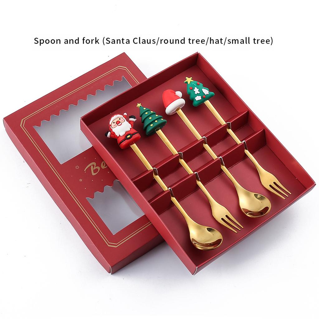 4pcs Gold Christmas Dinnerware Set with Gift Box Elk Christmas Hat Tree Fork Spoon Cutlery Set Stainless Steel Party Tableware