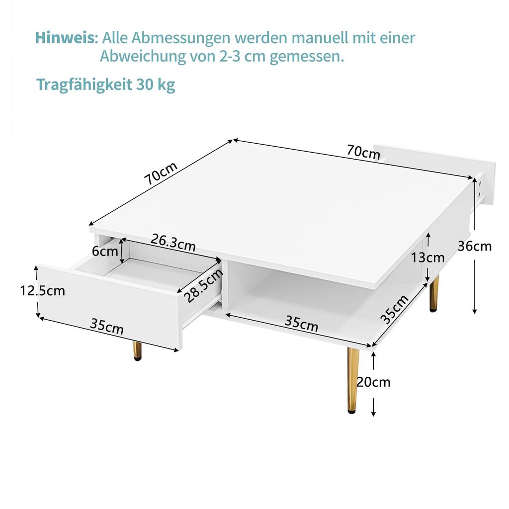 Couchtisch Weiß Hochglanz, Moderner 2 Schubladen, 2 offenen Fächern, Quadrat Kaffeetisch Sofatisch Wohnzimmer, Homeoffice, Griffsloses Design