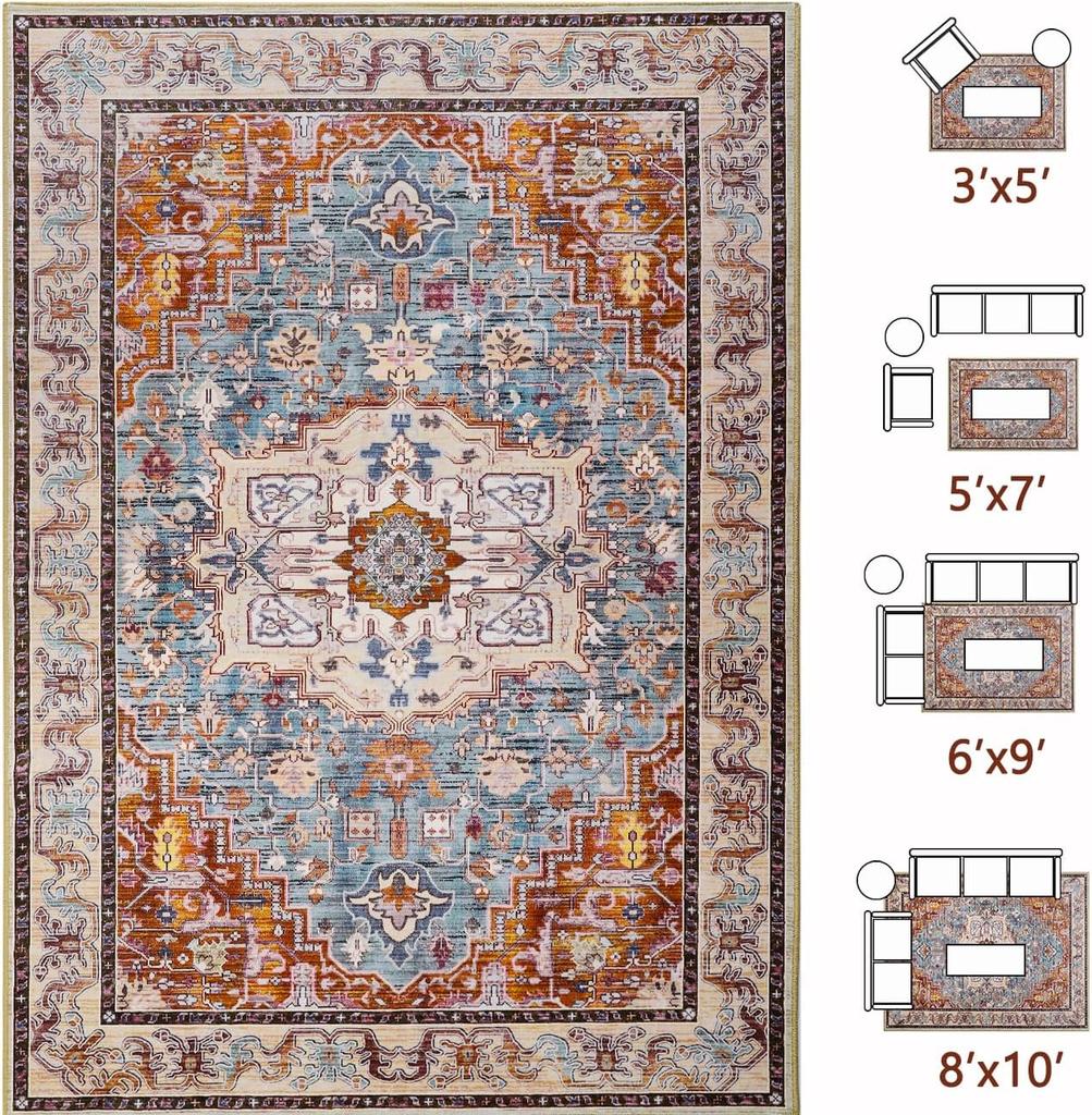 Washable Vintage Area Rugs  Low Pile Carpet, Non-Slip Distressed Rug for Bedroomn Living Room, Dining Room, Non-Slip, Low Pi