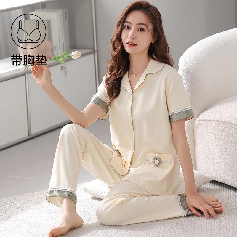Pajamas with chest pads women's summer thin cotton short-sleeved trousers large size casual relaxation cardigan loungewear set