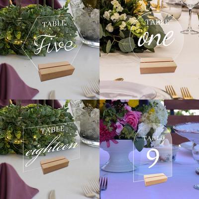 Transparente Acryl-Hochzeitstisch-Nummernschilder: Sechseckige, rechteckige und runde DIY-Sitzplatzkarten.