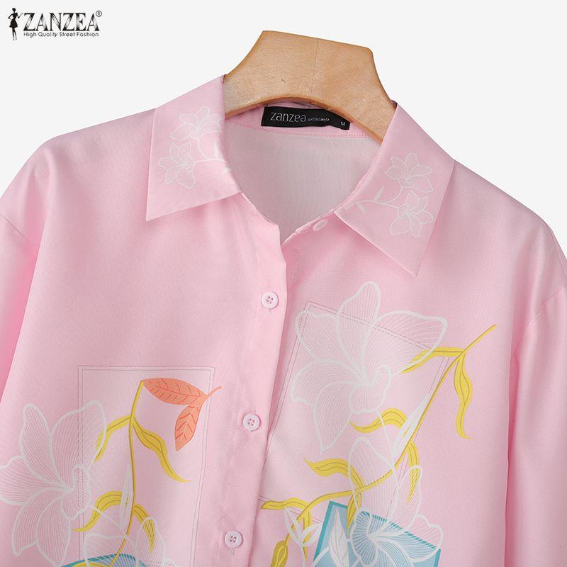 ZANZEA Damen Lässig Umlegekragen Locker 3/4 Ärmel Print Bluse