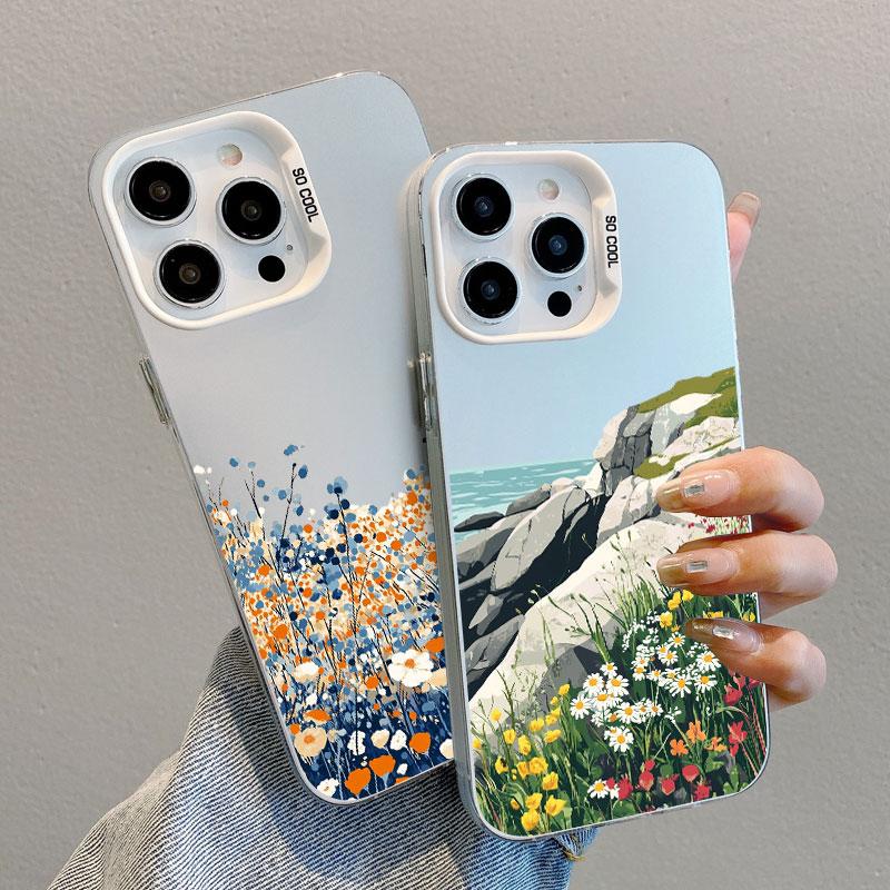 Mountains And Plains Fresh Flowers Laser Phone Case For iPhone 14 15 16 Pro Max Plus 13 Mini 11 12 Pro Max Shockproof Back Cover