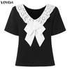 VONDA Women Short Sleeve Lace Crochet Back Bow Patchwork Casual Cropped Blouse