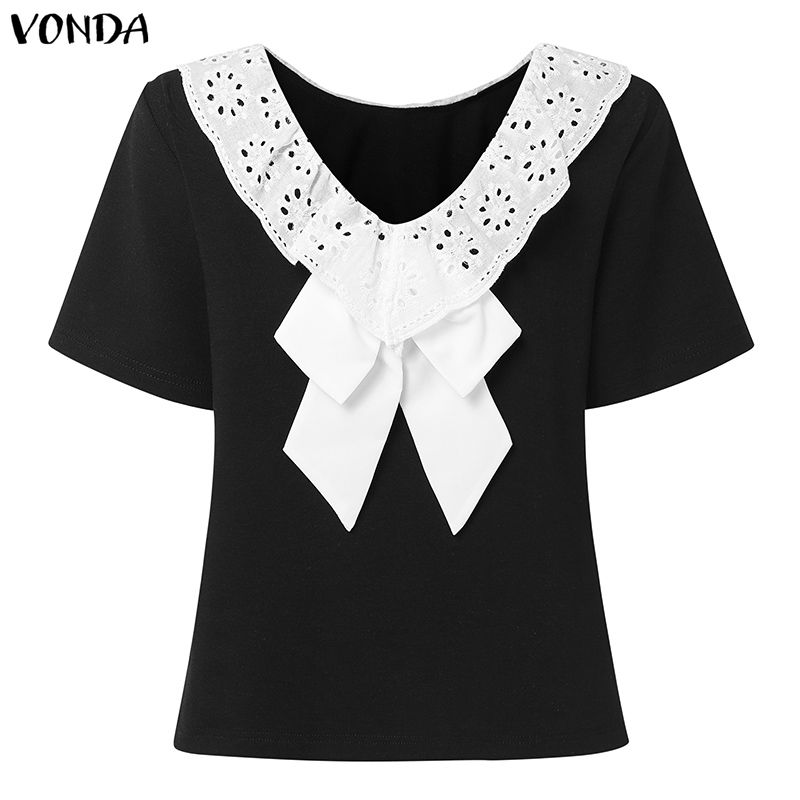 VONDA Women Short Sleeve Lace Crochet Back Bow Patchwork Casual Cropped Blouse