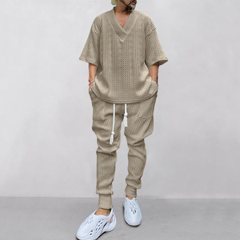 Men's Spring Loose Casual Set Seven Sleeve Knit Top + Long Pants Two Piece Set