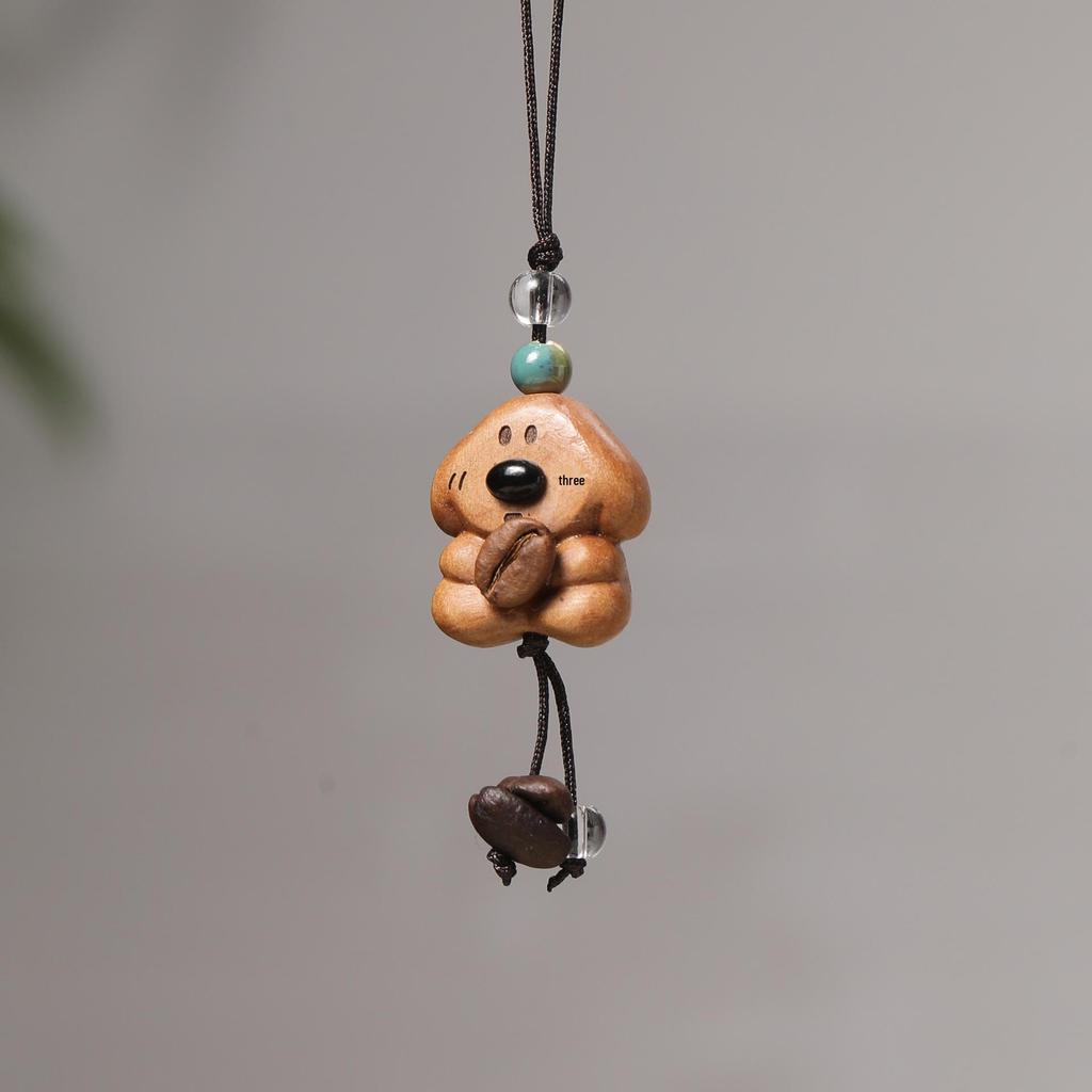 Peach Wood Coffee Bean Bear Pendant Keychain & Necklace Accessory