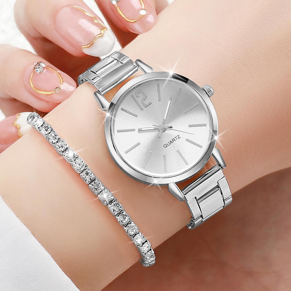 2PCs Women's Elegant Watch Set Small and Shiny Exquisite Bracelet Paired with Simple Casual Quartz Strip Watch, Girl's Best Gift