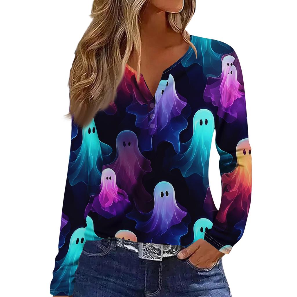 Women's Fashion Casual Halloween Printed V-Neck Button Trim Long Sleeve T-Shirt Top