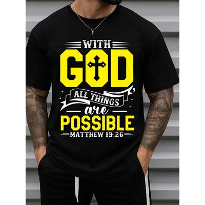 European Sizes Men'S Christian Faith T-Shirt with Matthew 19:26 Bible Verse & Cross Design - Casual Round Neck Short Sleeve