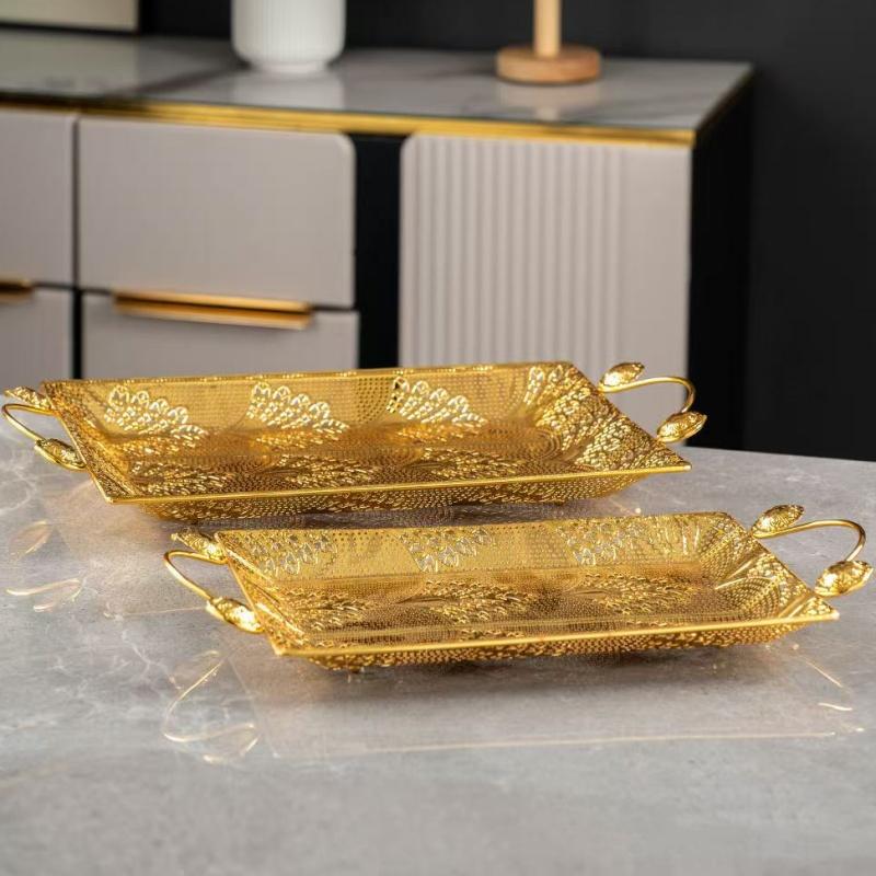 European Cake Tray,Household Metal Rectangle Hollowed-Out Shape Golden Handle Fruit Plate,Snack Plate Party Decoration,18 inch