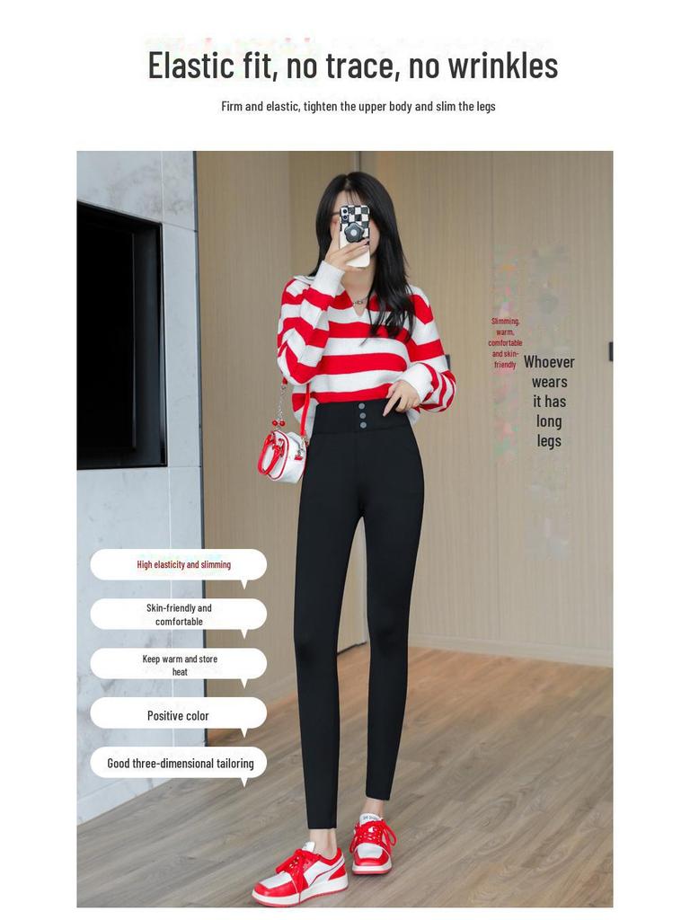 High Waist Black Shark Leggings - Plus Size Velvet Winter Pencil Pants