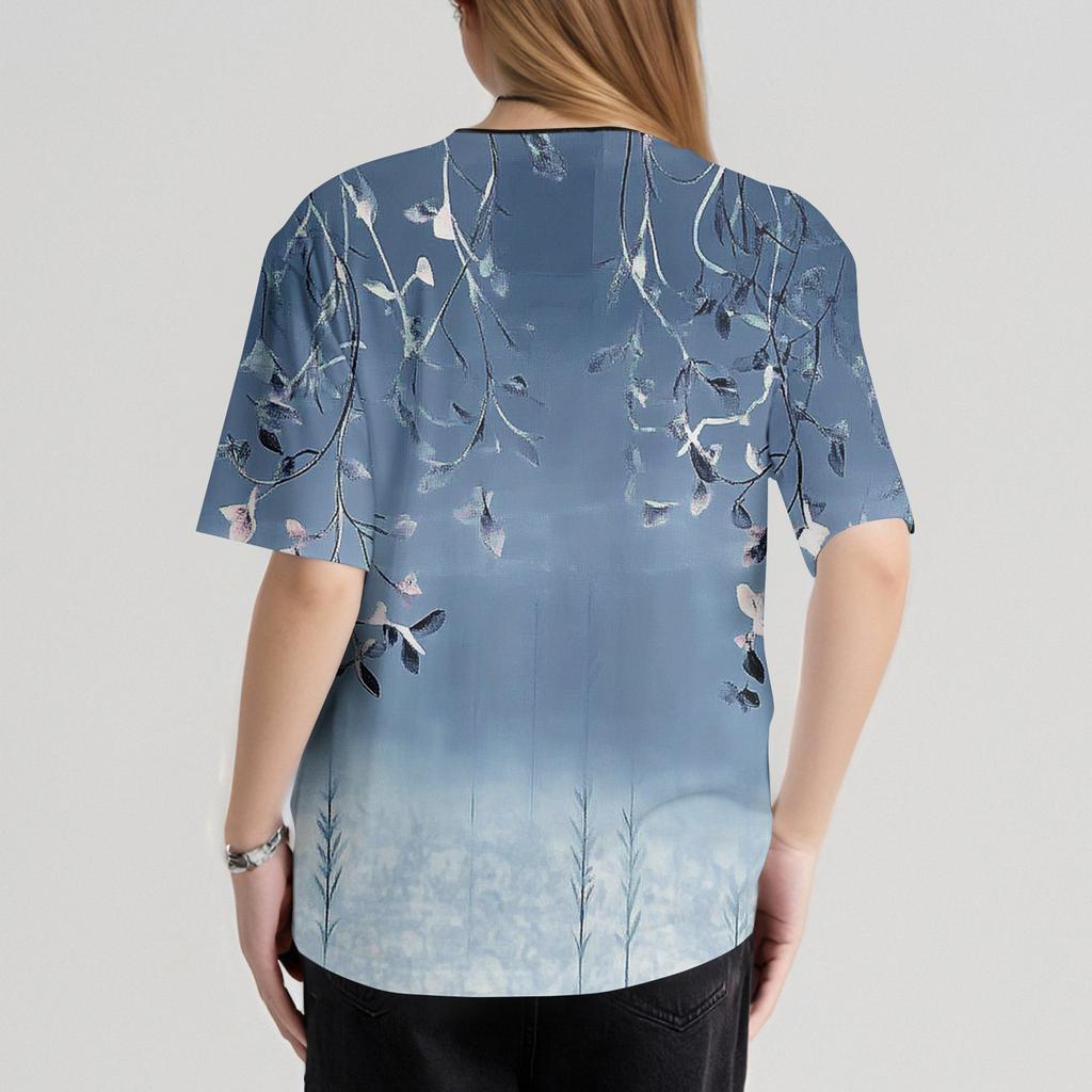 Lässig bedrucktes, kurzärmliges Workwear-Oberteil für Damen mit schrägem Kragen und Doppeltaschen