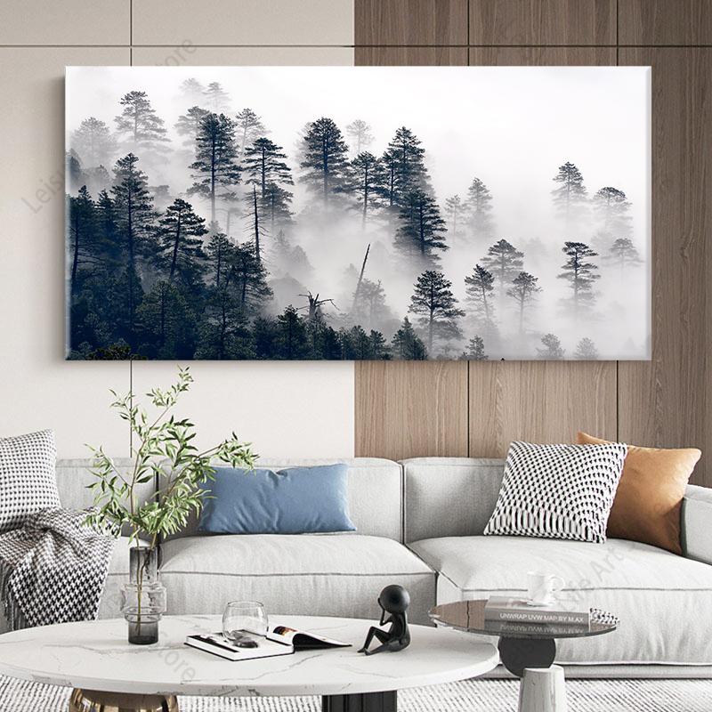 Modern Misty Forest Mountain Wall Art Canvas Painting Natural Landscape Pictures Posters Pine Forest Wall Art Living Room Decor