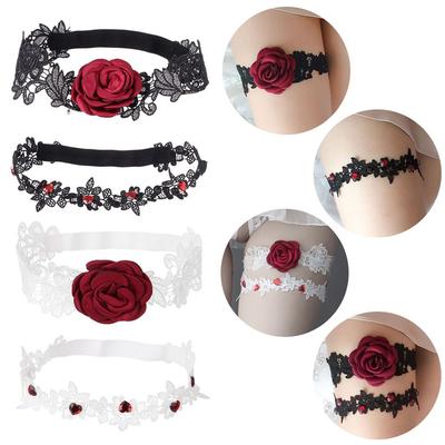 Ensemble de Bague de Jambe en Dentelle Strassée Fait Main Jarretière Extensible Brodée Jarretières Fleur Rose Rouge