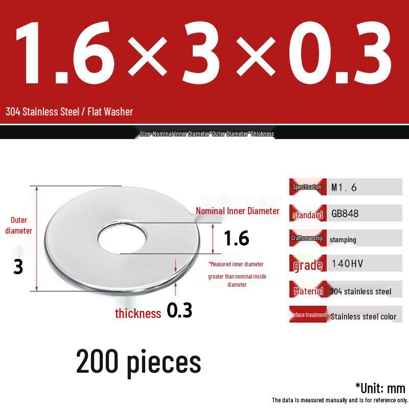 304 Stainless Steel Thickened Flat Washer Set, Sizes 2-36