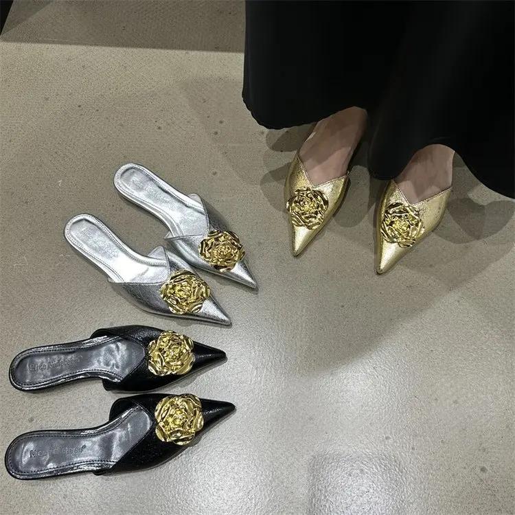 Fashion Women Flats Slippers Pointed Toe Elegant Mules Shoes Fad Slingback Sandals 2025 Summer New Luxury Flip Flops Mujer Slides