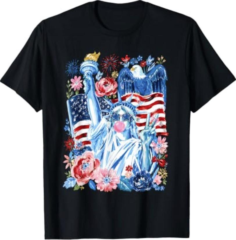 Brushstroke Statue of Liberty Blowing Bubble Gum 4th of July T-Shirt S-3XL