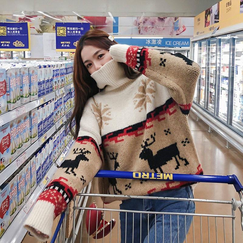 WTEMPO Turtleneck Christmas Elk Pullover Sweater Women Loose Autumn Winter Thickened Warm Fashion