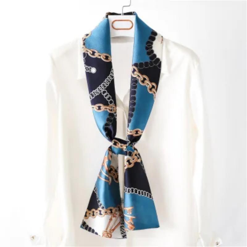 Hijab Real Long Silk Women Print Elegant Neck Scarves Hair Head Ribbon Tie Bag Handle Decoration Foulard Collar Kerchief