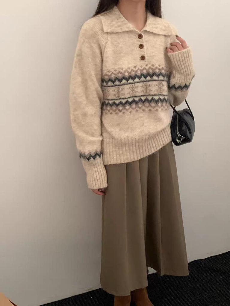 Women's Retro Wool Jacquard Color Block Polo Collar Sweater - Loose Fit, Autumn/Winter Collection