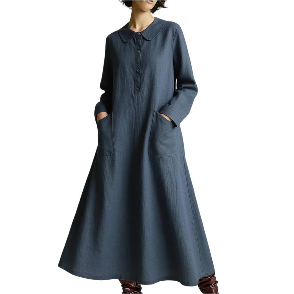 Women's -color Mid-length Loose-fitting Dress With Large Pockets And Casual