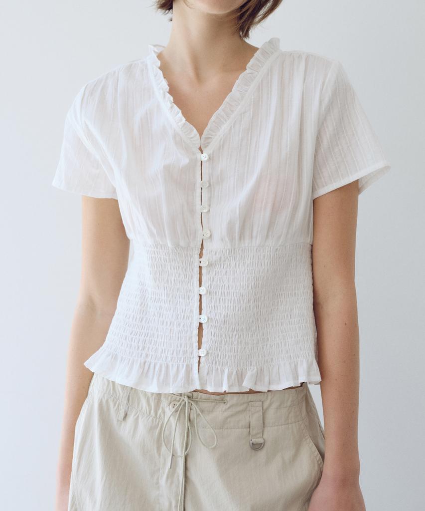 Yulago Smocked Frill Blouse_Ivory