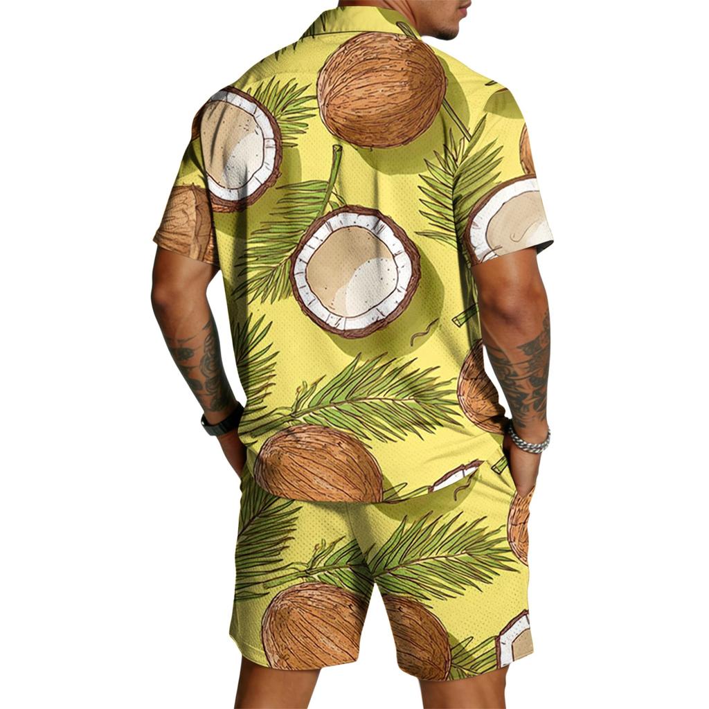 Men's Casual Printed Lightweight Breathable Shirt and Drawstring Shorts Set