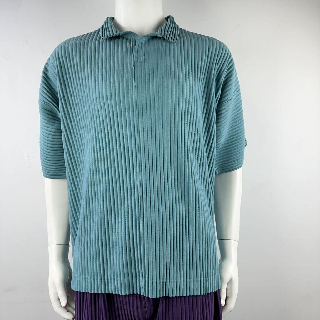 Miyake Men's Loose Fit Pleated Polo Shirt - Summer Breathable Short Sleeve with Turn-Down Collar, Solid Color (JM030)