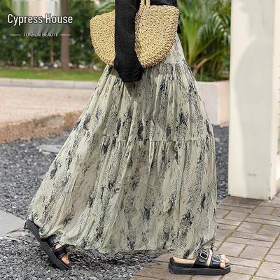 Sibaishe Floral High-Waisted A-Line Long Skirt