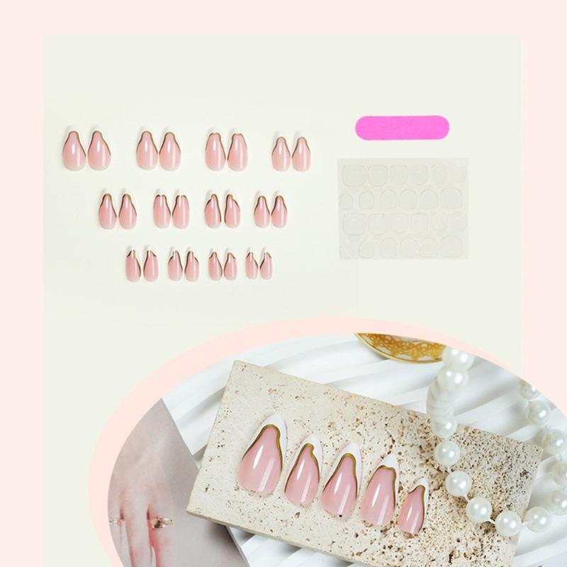 1 Set Unghie Artificiali French Tip Unghie Finte Staccabili Press On Unghie Mandorla Copertura Totale Unghie da Incollare per Donna