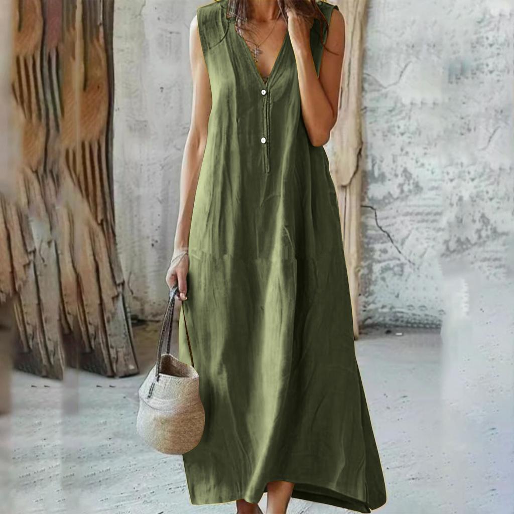 Women's Fashion V-Neck Sleeveless -Colour Casual Resort- Maxi Dress In Cotton-Linen Blend