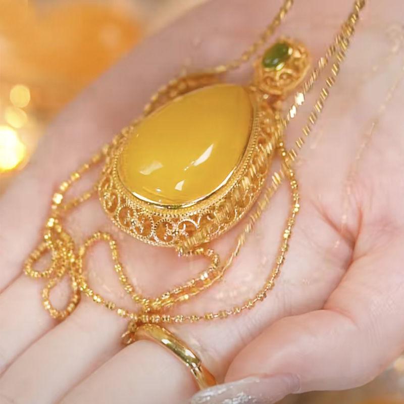 New imitation jade beeswax water drop necklace Guochao court cloisonne women's pendant can be worn in all seasons as a holiday gift