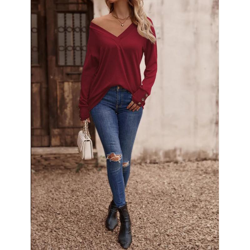 Women's V-Neck Button Down Shirt 2025 Fall Winter Long Sleeve Loose Fit Casual Top Blouse