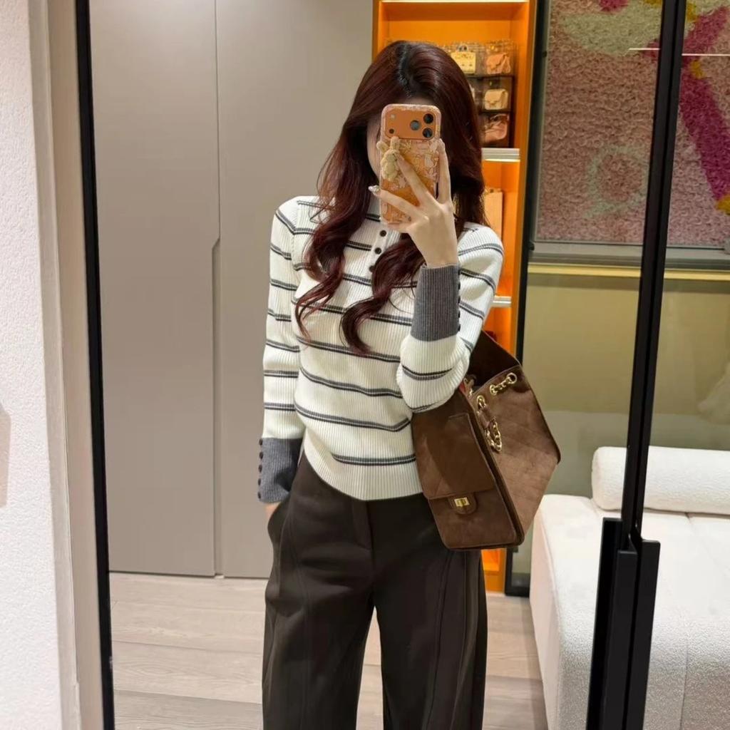 Design button half turtleneck striped bottoming top women's autumn and winter new contrasting color chic knitted sweater slim sweater