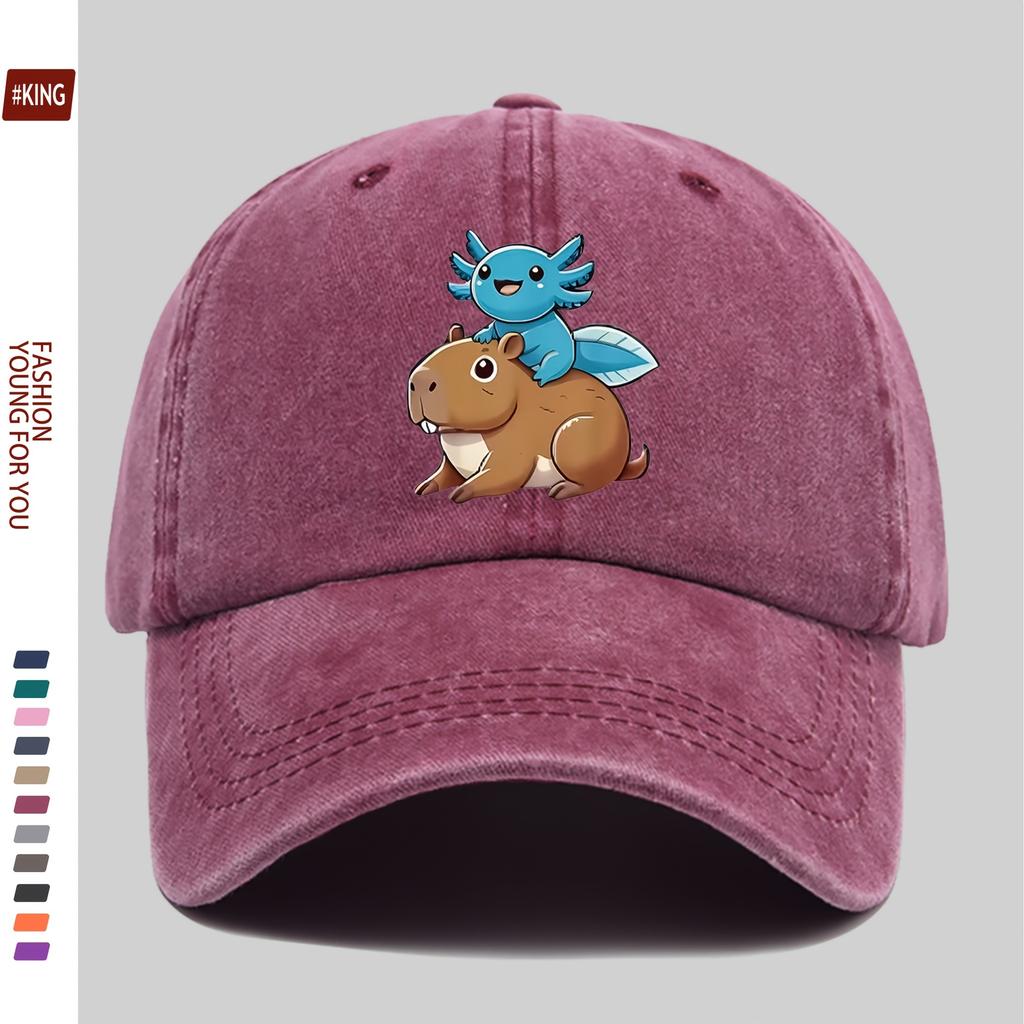 Axolotl Riding Capybara Baseball Cap Washed Cotton Adjustable Outdoor Sun Hat Unisex