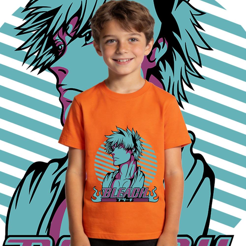 Boys Girls Cotton T Shirt Bleach Ichigo Anime Print Casual Summer Short Sleeve Top Kids Clothing Children