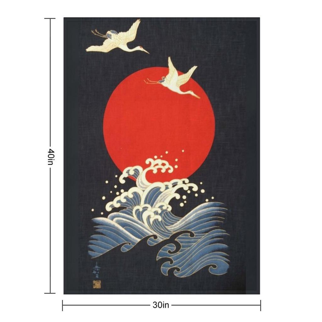 RED SUN ,FLYING CRANES AND SEA WAVES IN BLACK Throw Blanket Fashion Sofas Wednesday Sofa Bed Thin Blankets