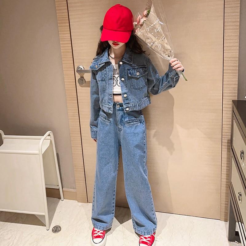 Girls' Spring/Autumn Set Medium-Large Kids' Single-Button Denim Jacket + Pants Two-Piece Set