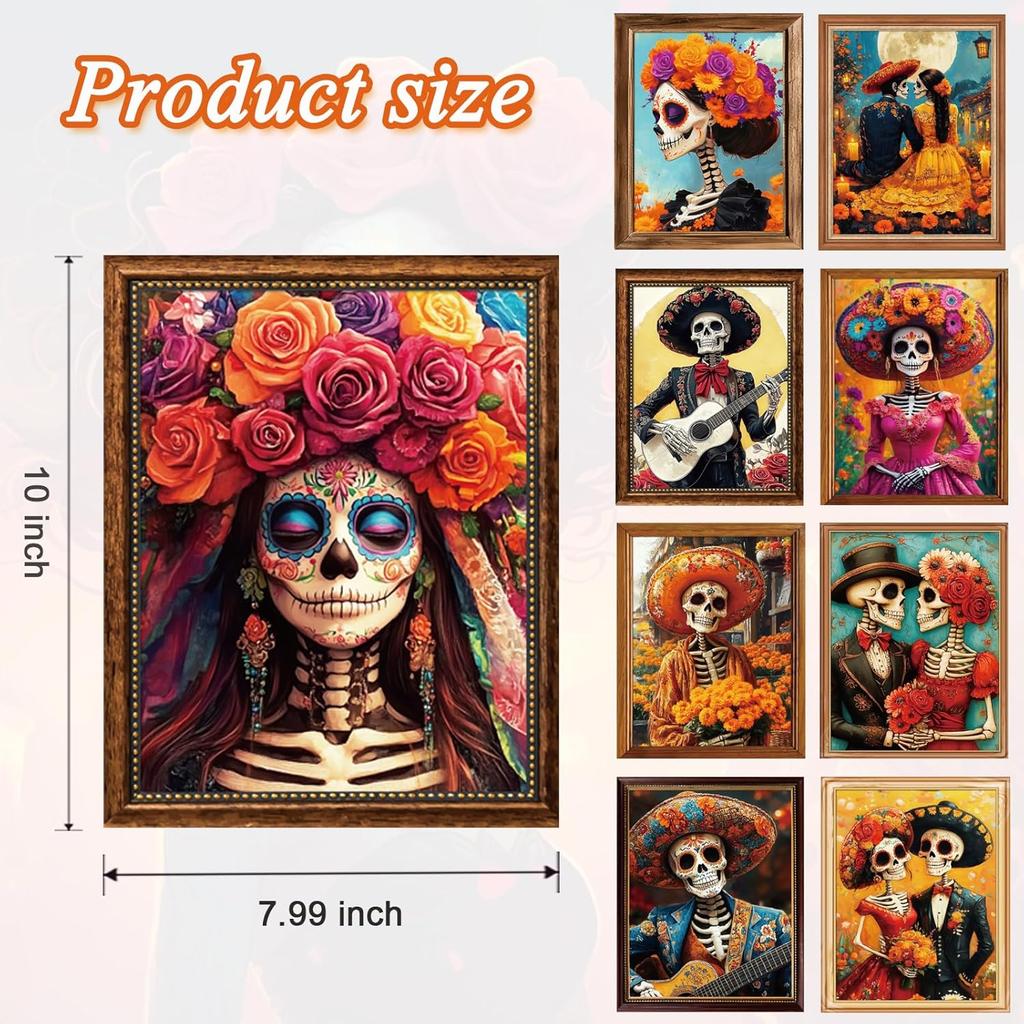 Day of The Dead Poster - 9 Piece Mexican Day of the Dead Decorations Sugar Skull Wall Art Dia De Los Muertos Party Decoration Skeleton Halloween Wall