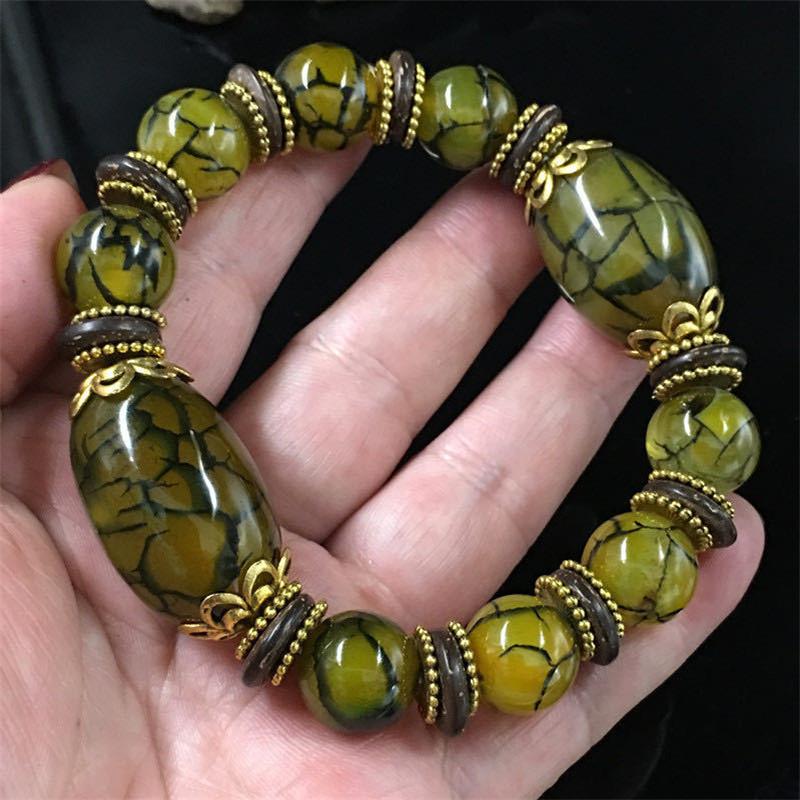 Natural Beautiful Stone Bracelet Green Ice Flower Bracelet Retro Tibetan Ethnic Style Bracelet Precious Jewelry