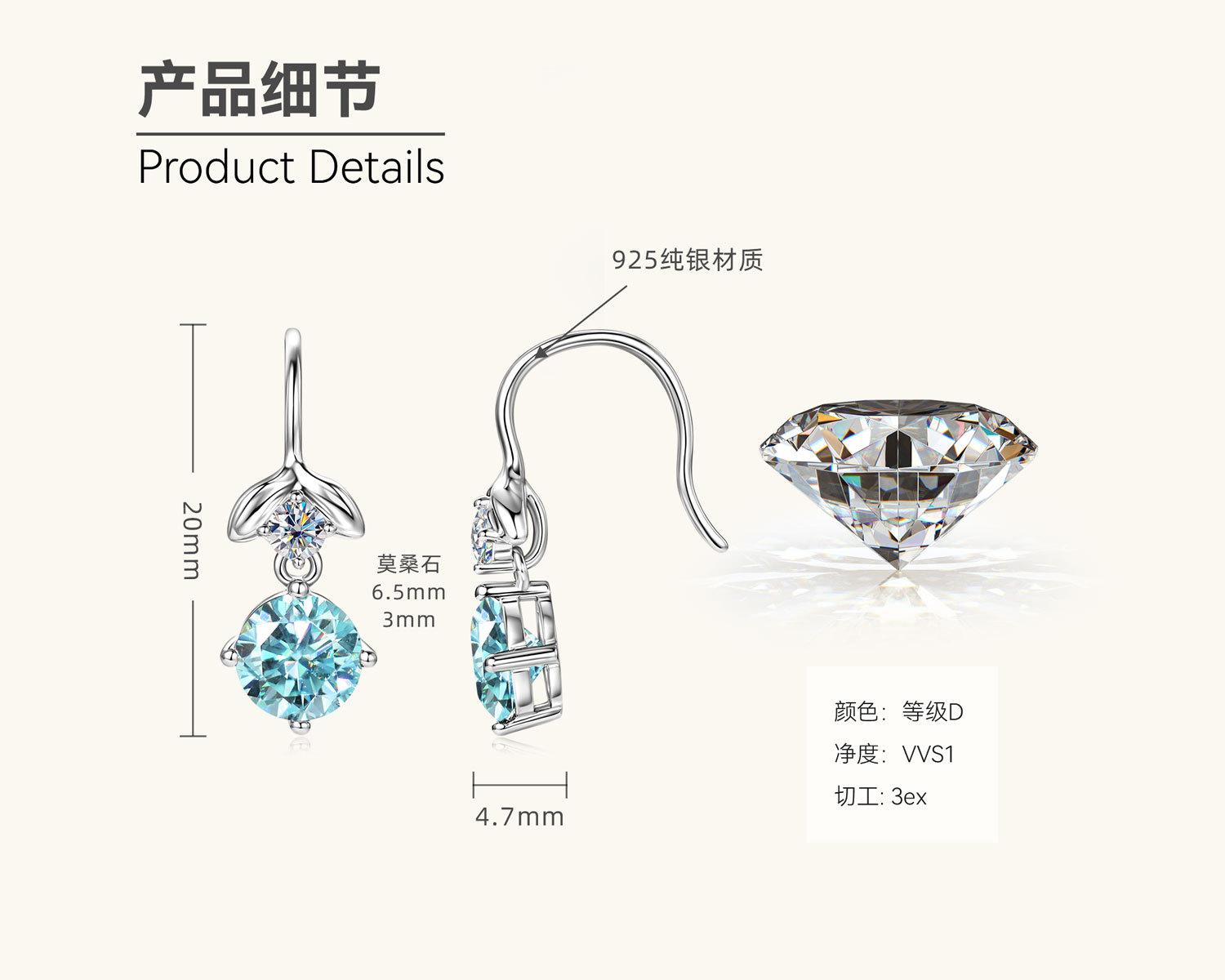 

Silvere Гламурные Модные И Элегантные Серьги-крючки «Русалочка», Моиссанит «Слезы принцессы», Синие, Персонализированный дизайн, Серьги из стерлингового серебра S925 1.1 carats+1.1 carats белый