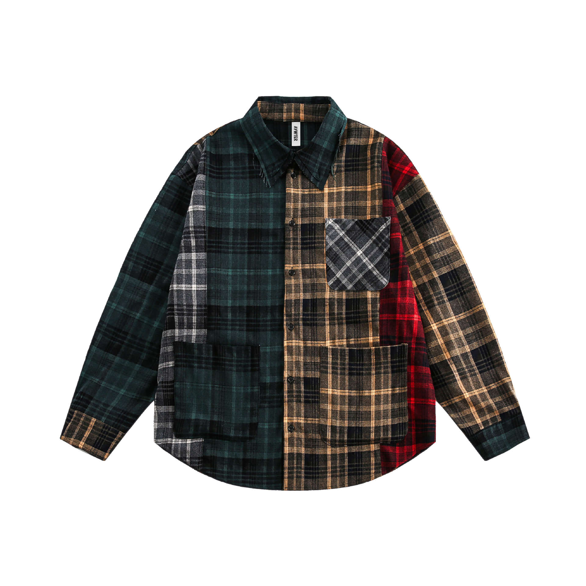 Men s Spring American Retro Splicing Plaid Shirt Vintage Shirt M