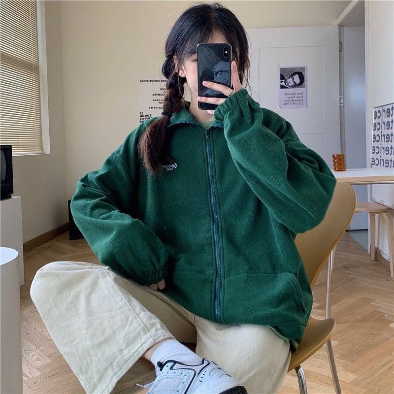 Polar Fleece Cardigan Zipper Stand Collar Hoodie Women Korean Loose Jacket Lazy Style Top