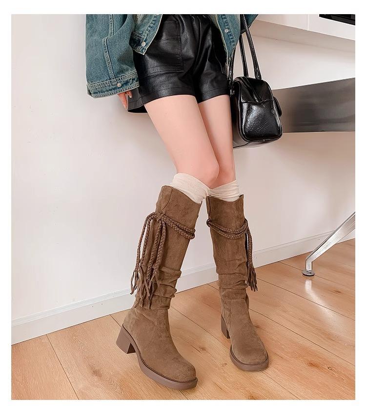 Thick-soled thick-heeled retro wasteland knight boots women's autumn, autumn and winter western cowboy long tube single boot medium tube short boots