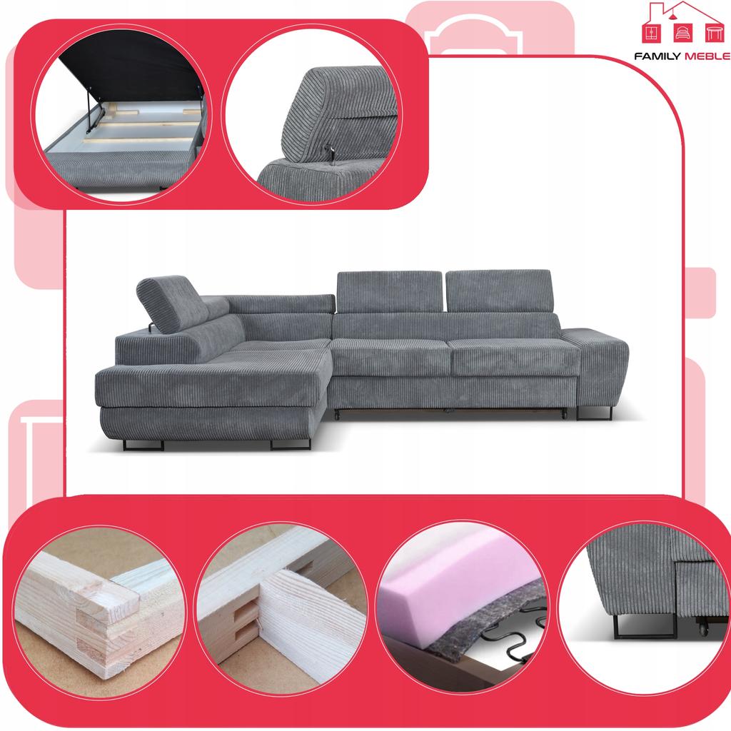 Corner Sofa, Foldable, F, Sleeping, Savio, Left, Family Furniture, Gray Corduroy